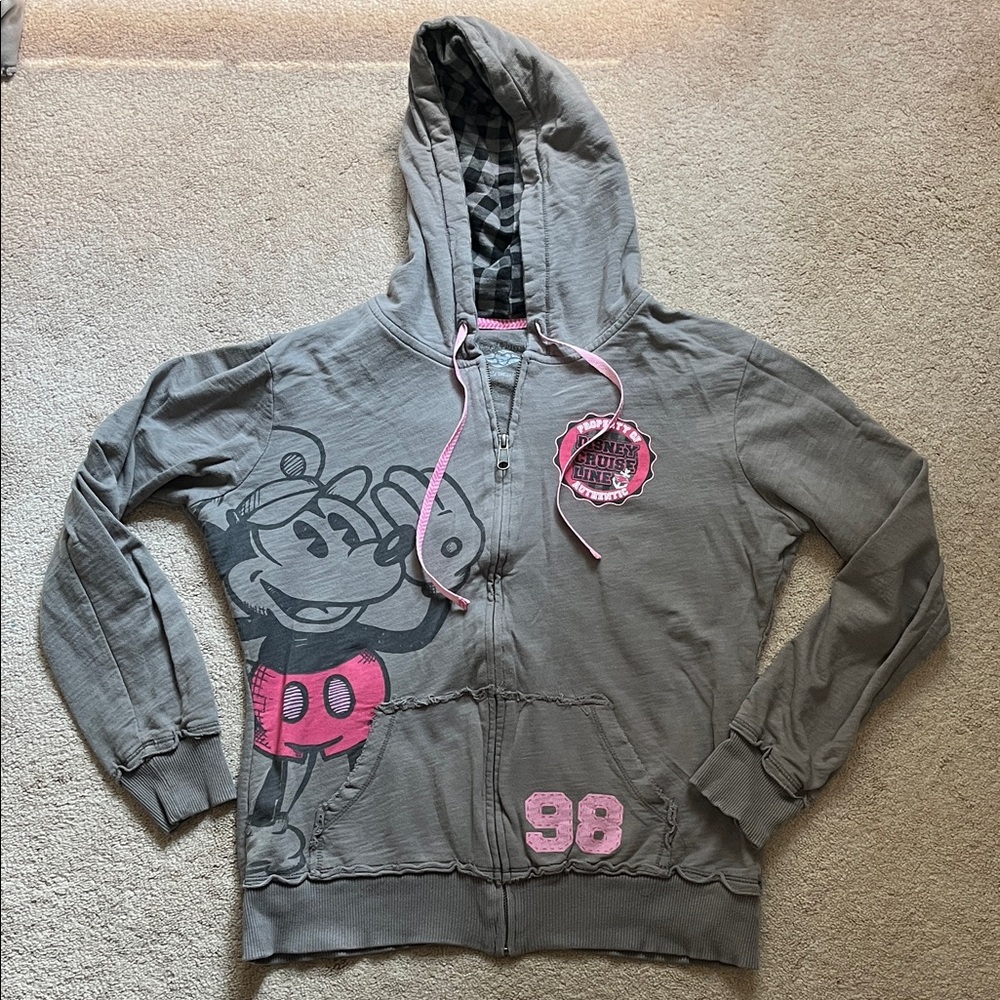 Disney Cruise Line Gray & Pink Zip Up Hoodie Size Large Mickey Mouse Graphic